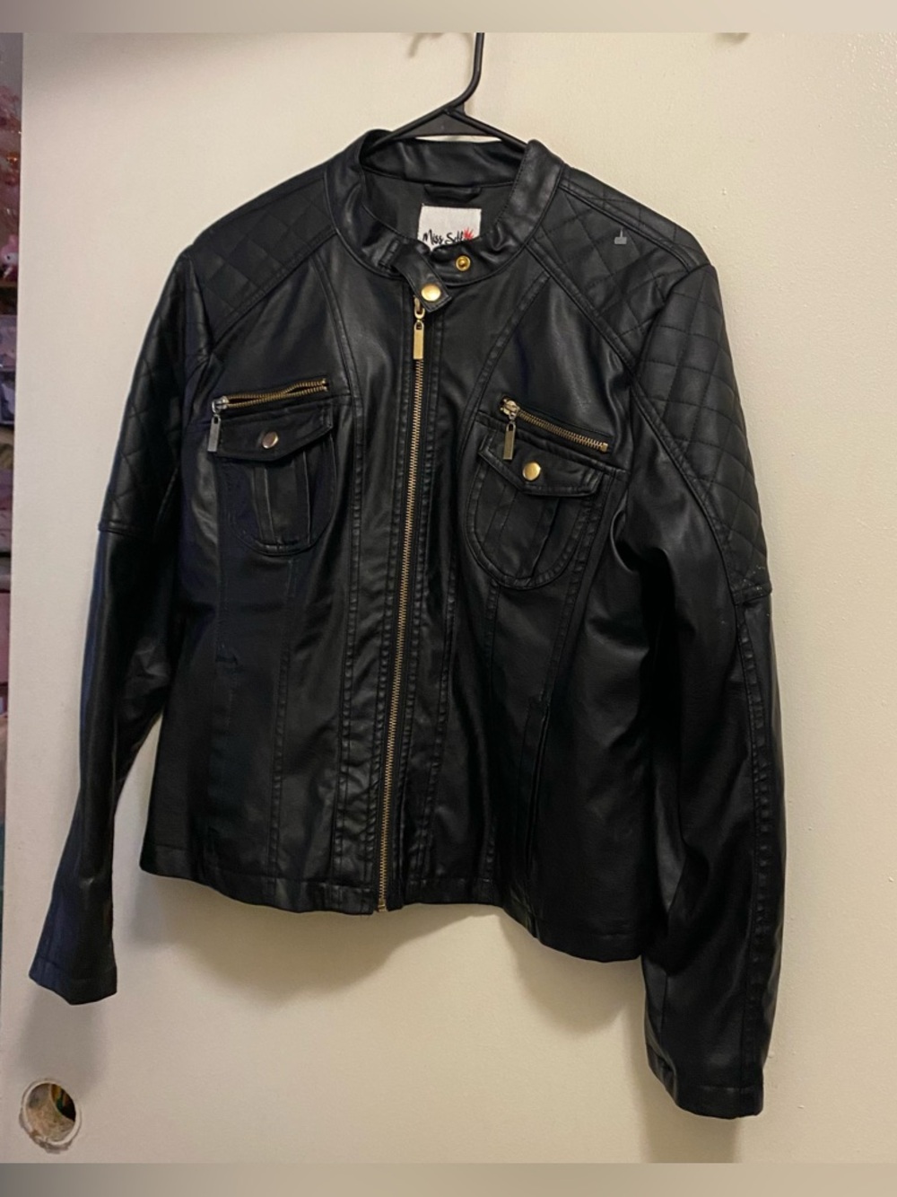 Miss Selfie Black Faux Leather Jacket Juniors XL Womens M Biker Moto Punk Goth